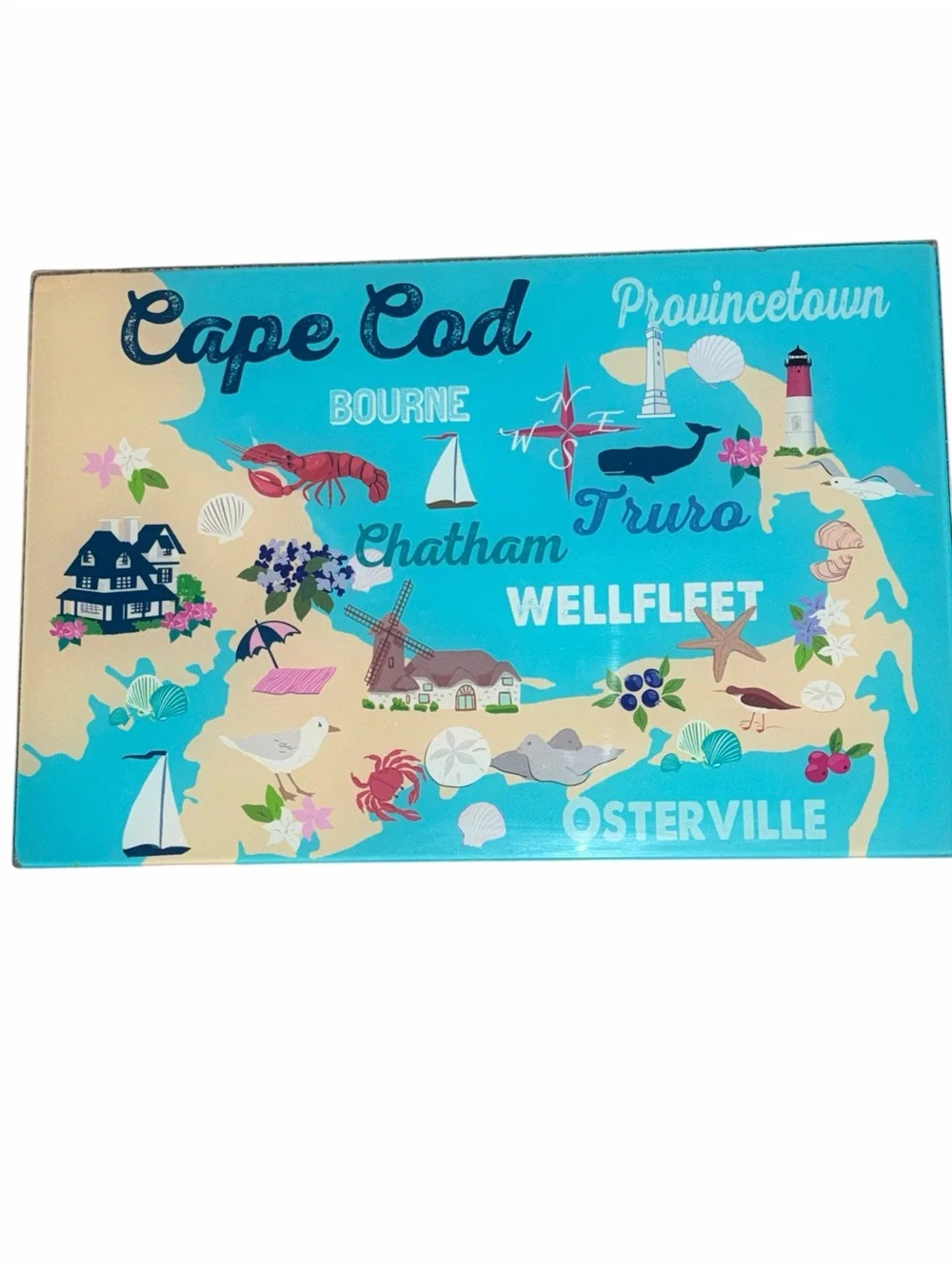 Cape Cod Glass Kitchen Cutting Board - Blue Coastal Map